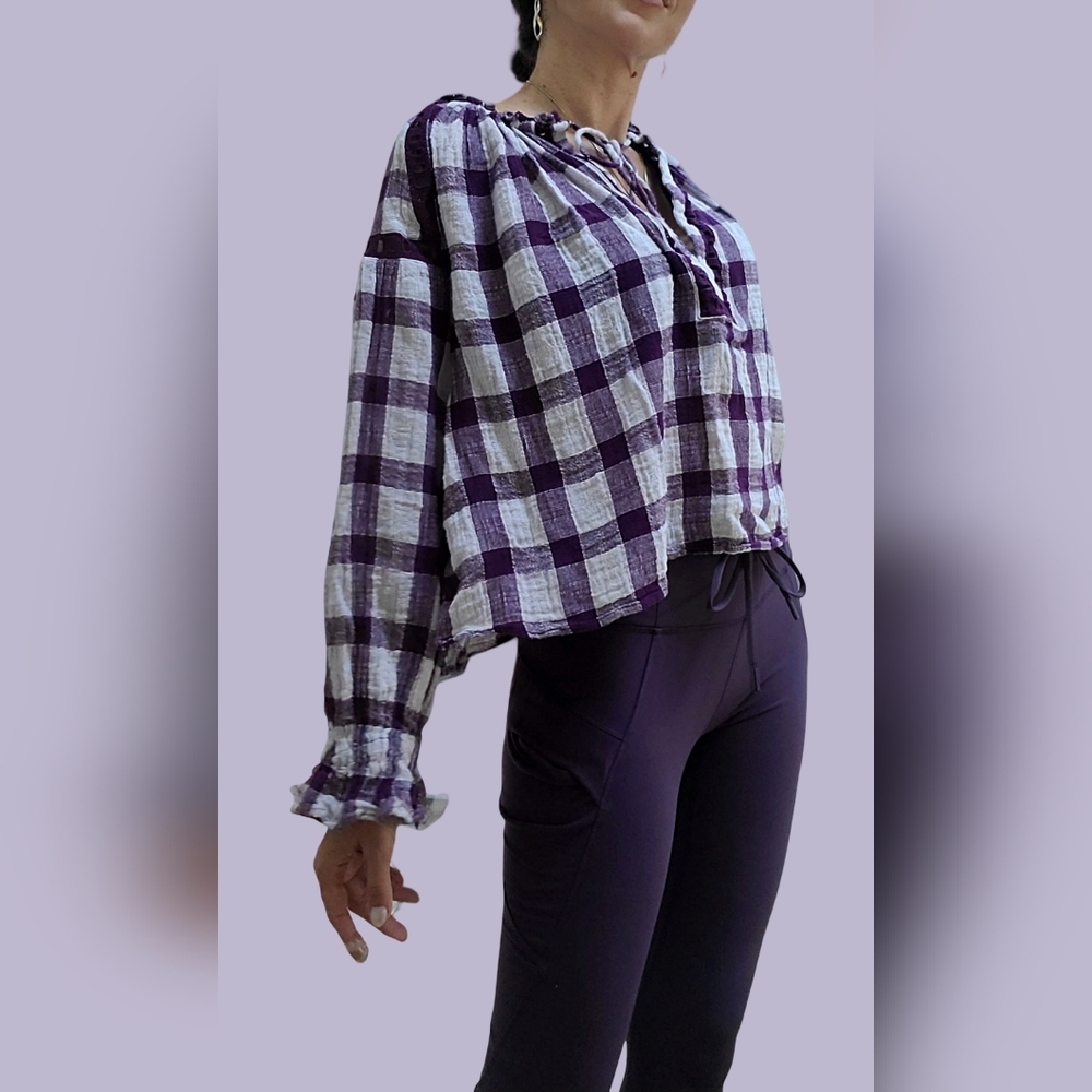 Free People Honey Grove Purple Plum Plaid Boho Tassels Women's Top